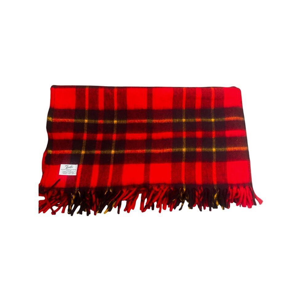 Vintage Faribault Red Plaid Throw Blanket Fringe Cabincore Lodge 51x62 USA - Picture 3 of 4